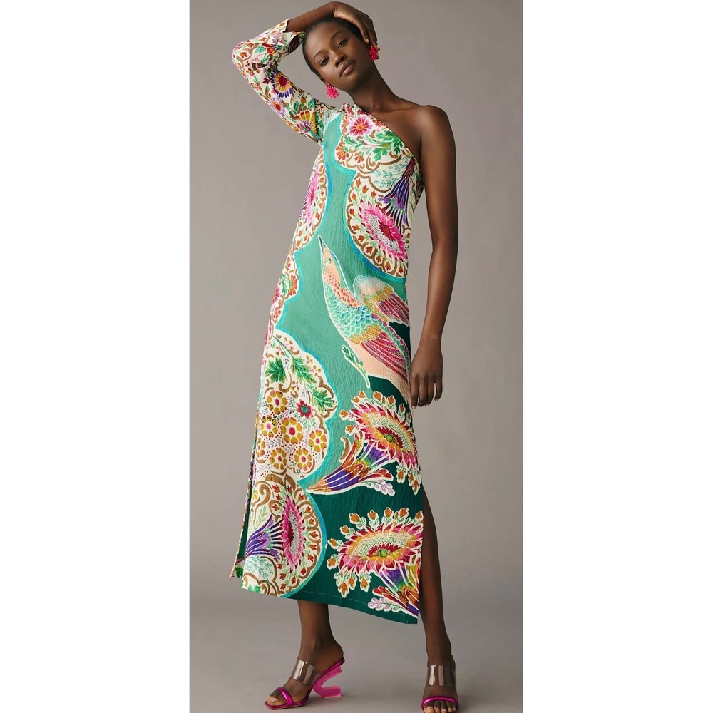Anthropologie One Shoulder Maxi Dress Womens 2 Green Floral Bird Boho *FLAWS